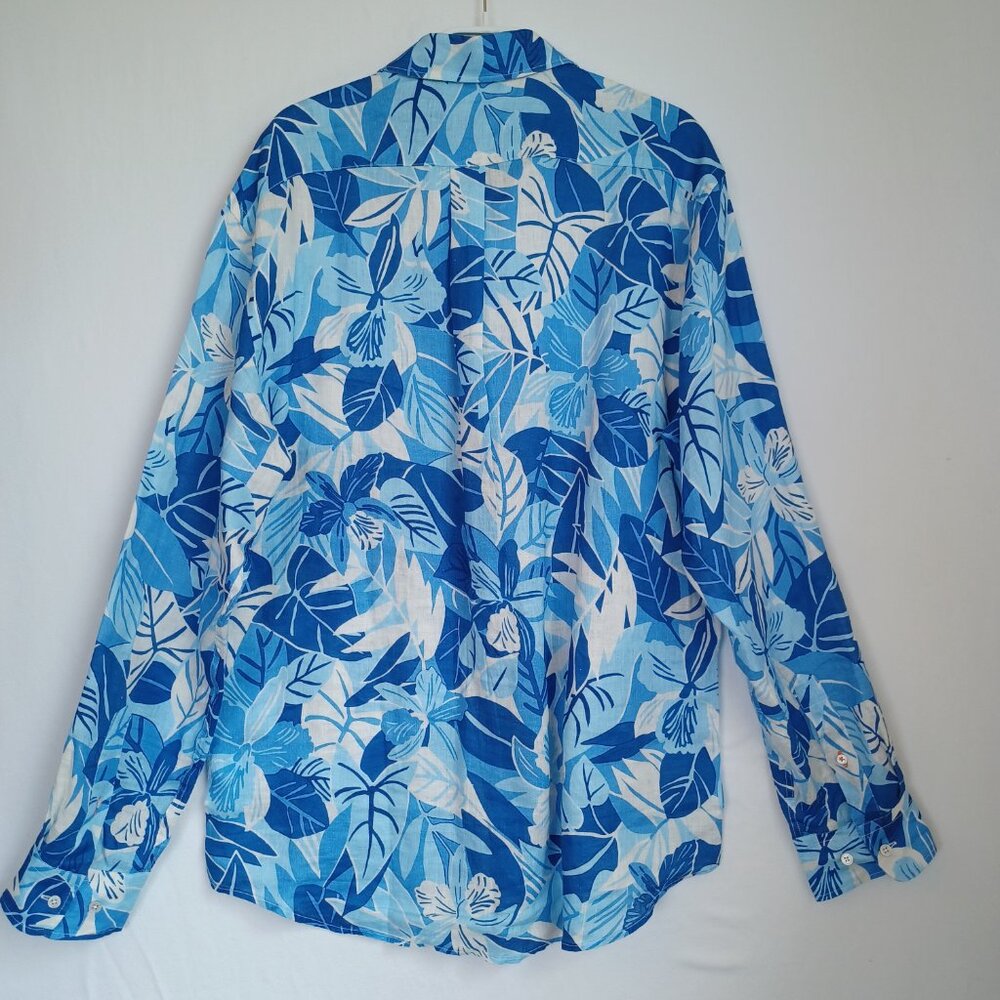 J McLaughlin Linen Shirt Mens Blue Tropical Print Long Sleeve Button Up Size Med - Picture 3 of 9